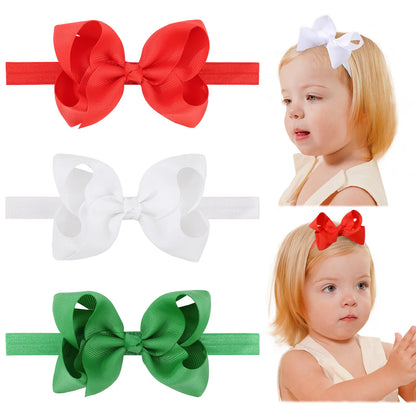 Girls Grosgrain Ribbon Bow Headbands - 3-Piece 4-Inch Cute Elastic Hair Accessories