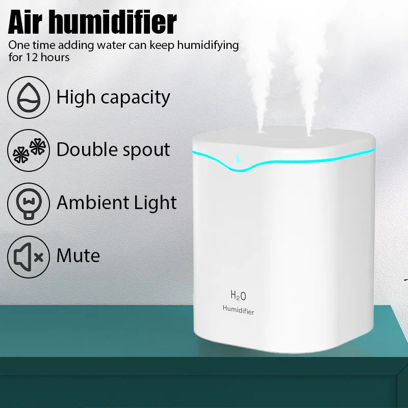 2000ML USB Air Humidifier with Double Spray Ports – Essential Oil Aromatherapy Cool Mist Maker for Home & Office