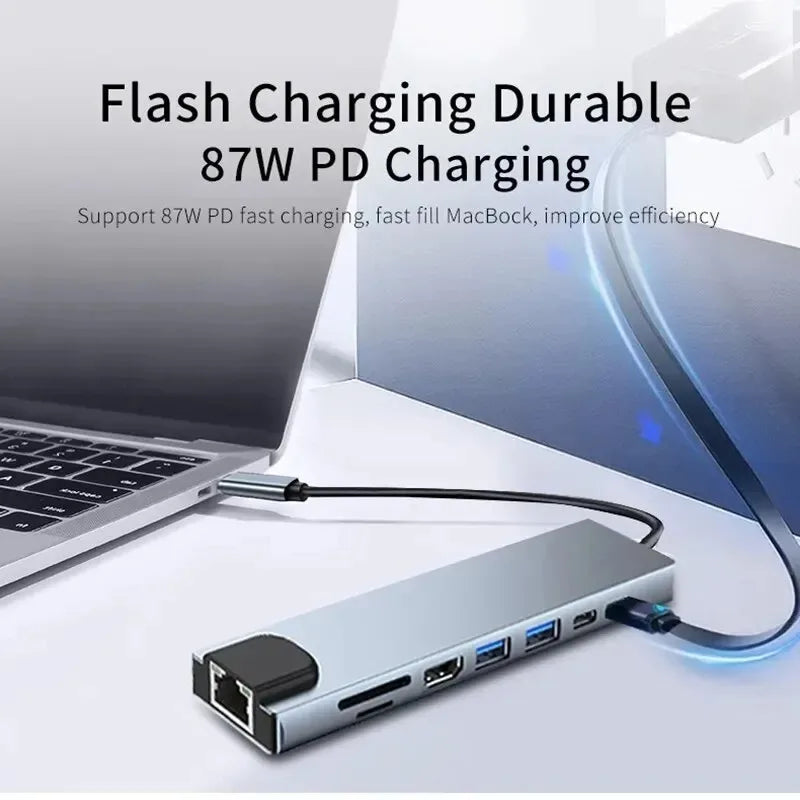 8-in-1 USB-C Hub – Type-C 3.1 to 4K HDMI Adapter with RJ45, SD/TF Card Reader & PD Fast Charging for MacBook & Laptops