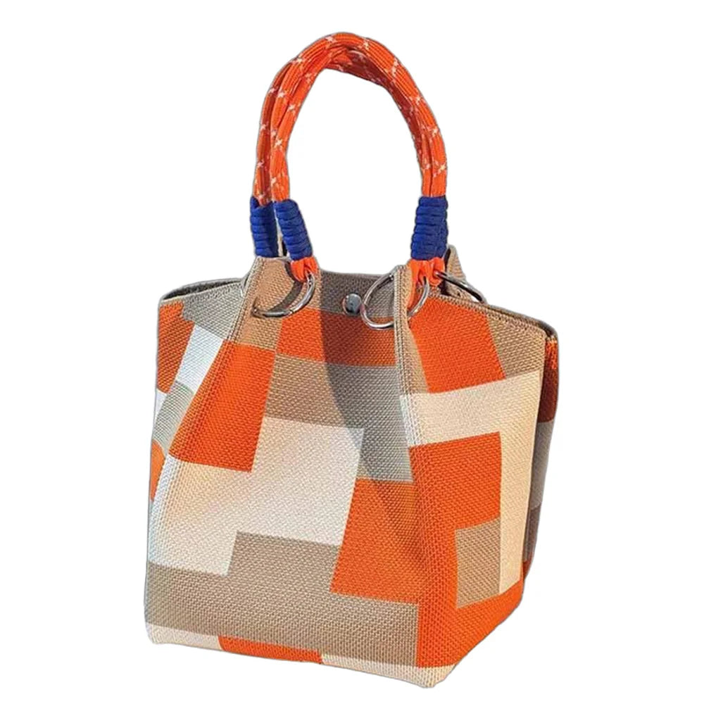 Women’s Color Block Knit Tote Bag – Bucket Style Storage Bag with Adjustable Straps, Metal Rings, Snap Closure for Casual Travel