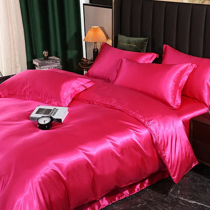 Silk Bedding Set With Duvet Cover - Luxury Satin Bed Sheet Pillowcase Set Solid Color King Queen Twin Size