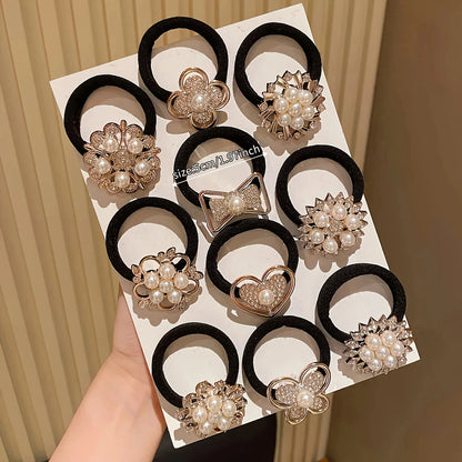 Rhinestone Hair Bands - 10-Piece Set of Elegant Embellished Elastic Hair Ties