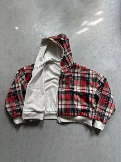 Women's Winter Plaid Hoodie - Warm Reversible Zip-Up Loose Fit Casual Sweatshirt