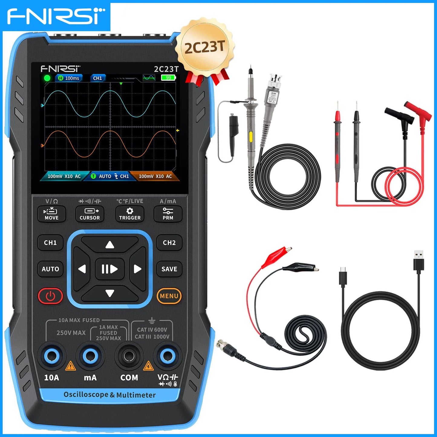 FNIRSI 2C23T / 2C53T 50MHz Handheld 3-in-1 Digital Oscilloscope Multimeter Signal Generator Dual Channel Automotive Diagnostic Tool