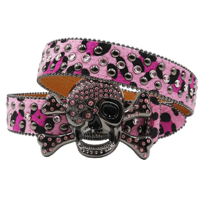 Women’s Rhinestone Skull Leather Belt – Luxury Designer Studded Strap for Jeans, White & Black