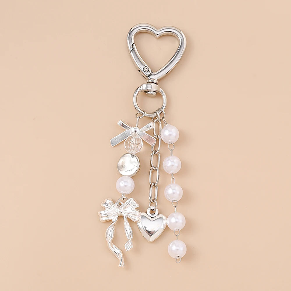 Cute Bowknot Heart Keychain - Crystal Pearl Pendant Charm for Women, Girls & Handbag Decoration