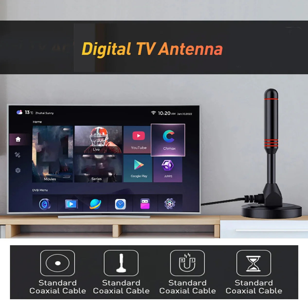 HD Digital TV Antenna - 200 Miles Amplified Indoor/Outdoor VHF UHF Aerial with Signal Booster