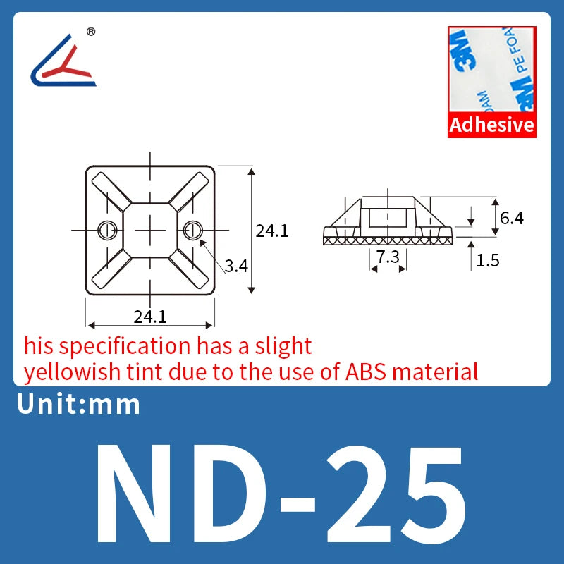 ND 20/50/100PCS Self-Adhesive Cable Tie Mounts – Zip Wire Tie Holder with Screw Hole Base