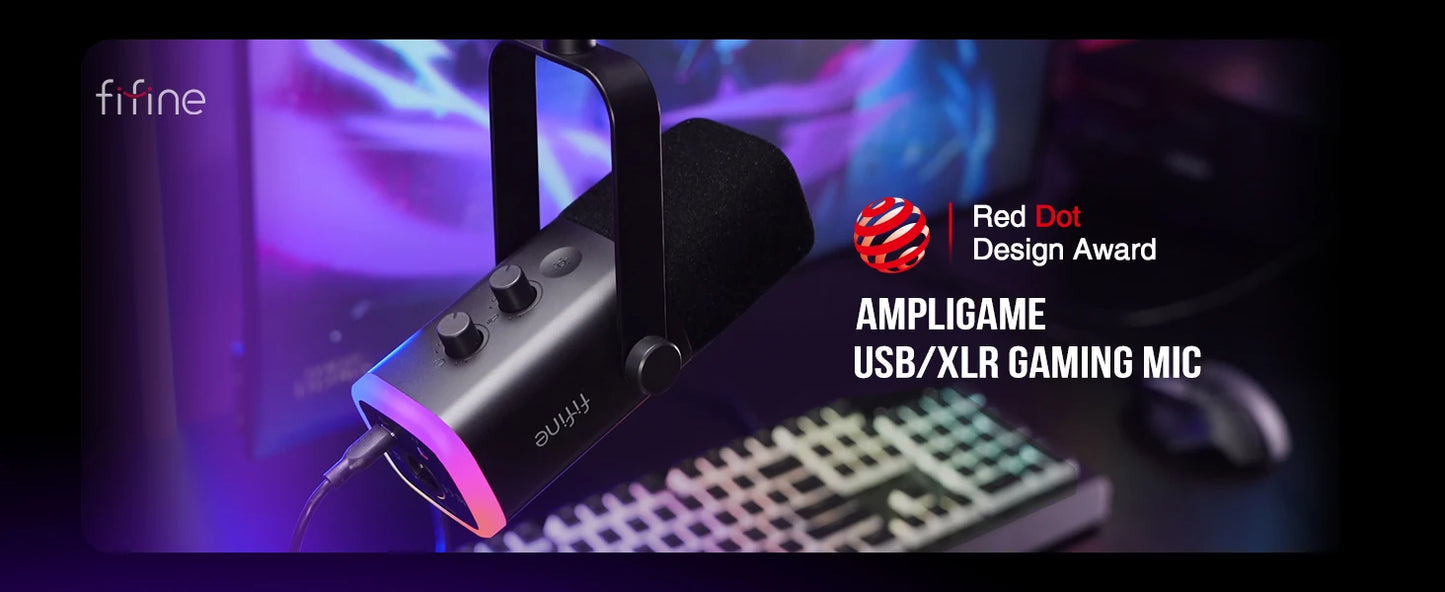 FIFINE AmpliGame AM8 USB/XLR Dynamic Microphone – RGB Control, Headphone Jack, Mute Button for PC Gaming, Recording, and Streaming