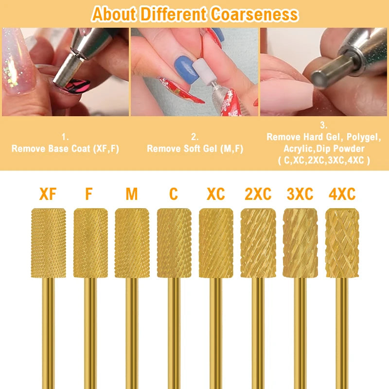 Gold Tungsten Carbide Nail Drill Bits – Large Barrel Milling Cutter, Pro Reversed Durable Grinding & Polishing Tools Accessories 4XC