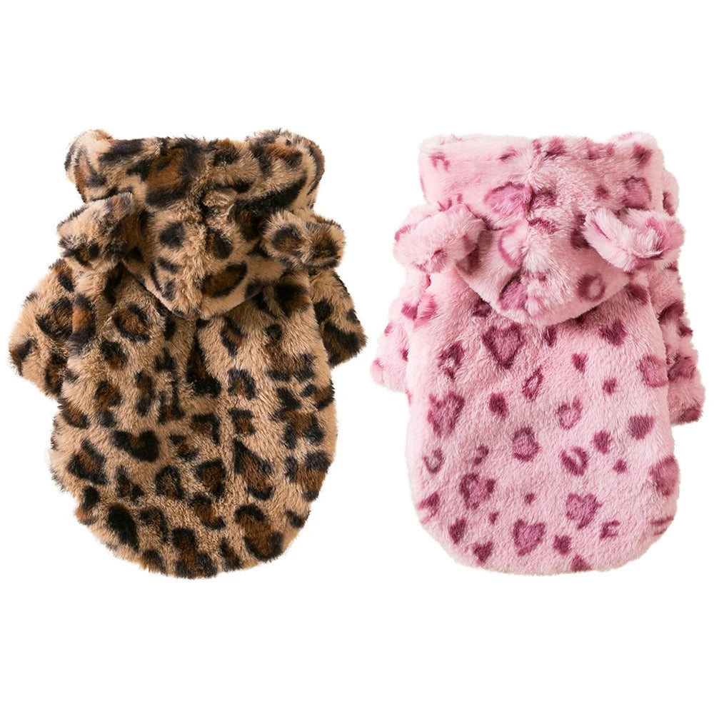 Warm Fleece Dog Hoodie: Winter Leopard Dog Coat Jacket - French Bulldog Clothing for Small Dogs, Pet Costumes