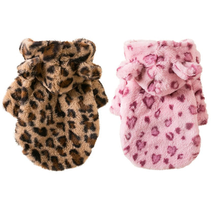 Warm Fleece Dog Hoodie: Winter Leopard Dog Coat Jacket - French Bulldog Clothing for Small Dogs, Pet Costumes