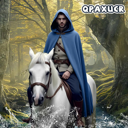 Men’s Medieval Hooded Cloak – Round Metal Buckle with Green Leaf Brooch Necklace for Halloween Costume