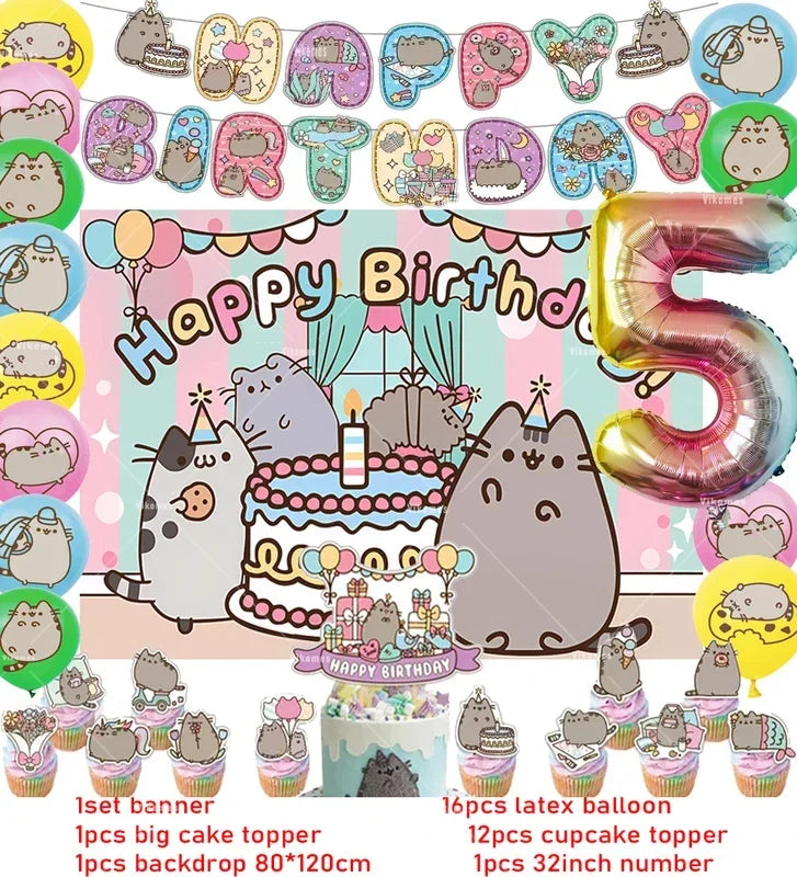 Pusheen Cat Birthday Party Decorations - Cartoon Pet Theme Balloons, Banner, Backdrop, Cake Topper, and Baby Shower Stickers