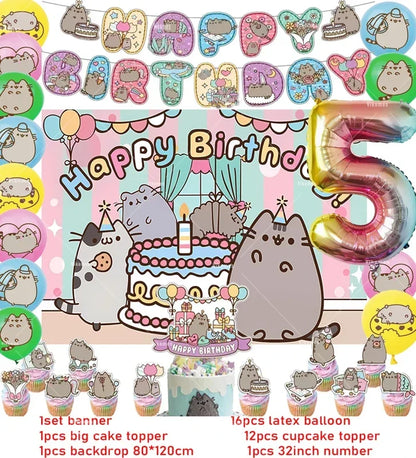 Pusheen Cat Birthday Party Decorations - Cartoon Pet Theme Balloons, Banner, Backdrop, Cake Topper, and Baby Shower Stickers