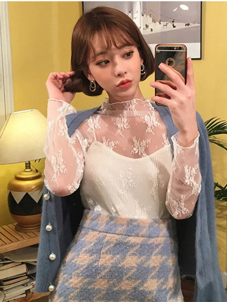 Summer Women’s Lace Floral Embroidery Blouse - Elegant See-Through Mesh Shirt for Ladies