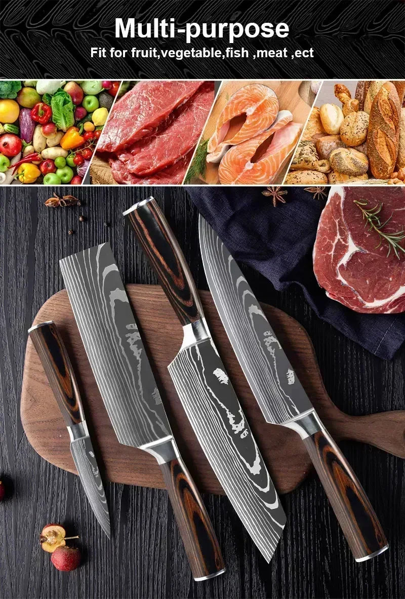 Laser Damascus Kitchen Knife Set – Cleaver, Meat, Fruit, Bread, Boning Knife and Chicken Scissors for Barbecue and Home Cooking