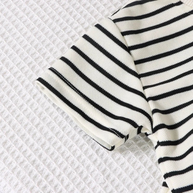 2PCS Kids Summer Outfit – Cotton Short Sleeve Tee & Shorts Set for Boys, Black & White Stripe