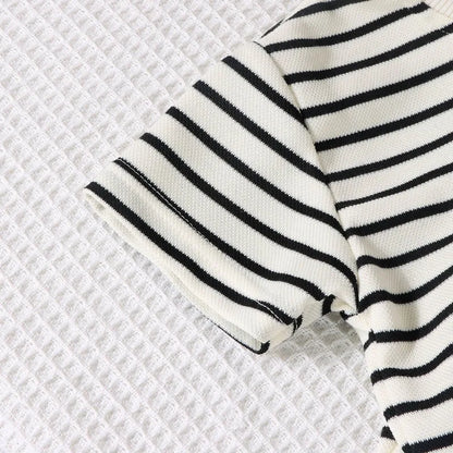 2PCS Kids Summer Outfit – Cotton Short Sleeve Tee & Shorts Set for Boys, Black & White Stripe