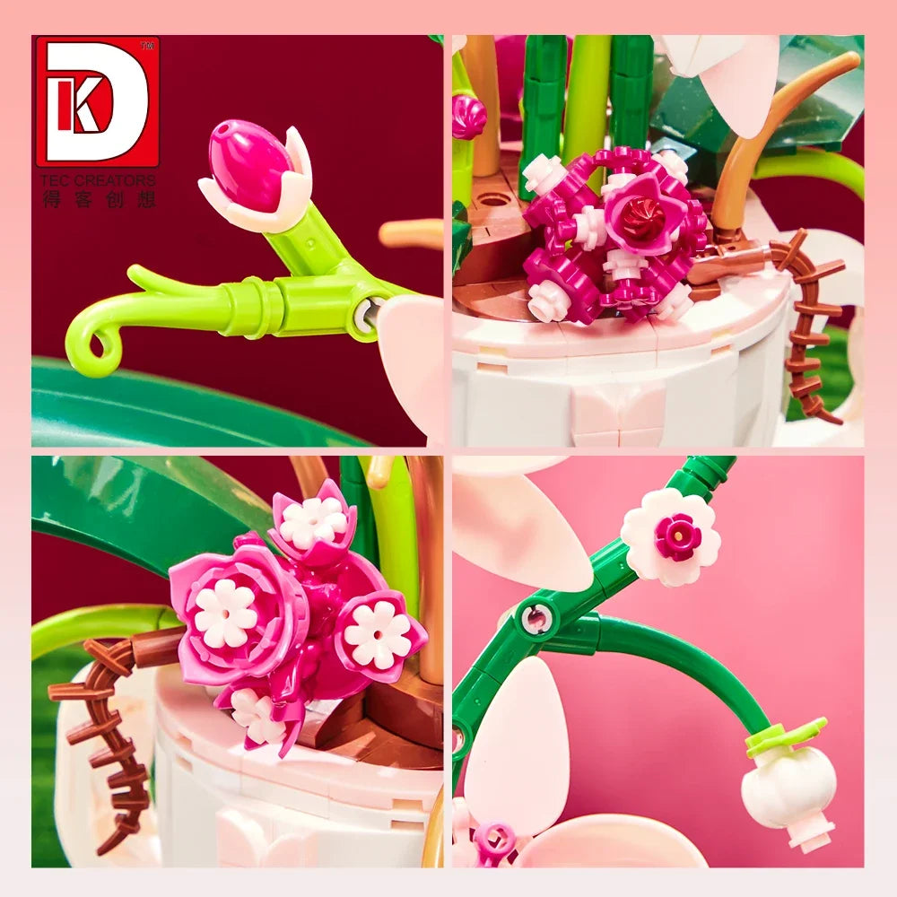 MOC Building Blocks Orchid Flower Bouquet – DIY Bonsai Plant Model for Home Decor & Kids Gift