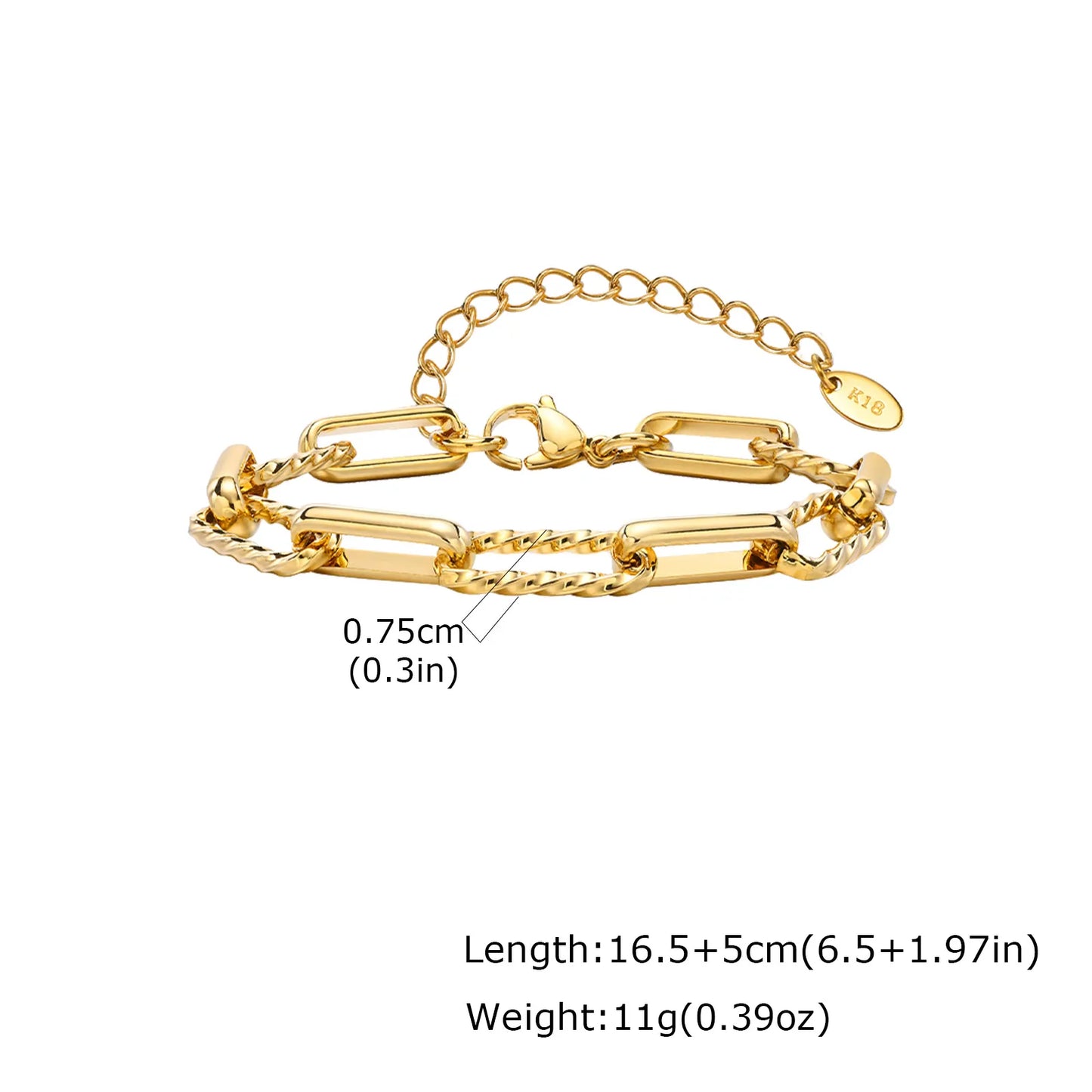 Women's Two-Tone Twist Paperclip Bracelet – Chunky Stainless Steel Adjustable 18K Gold Plated Link Jewelry