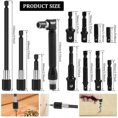 Flexible Drill Bit Extension & Right Angle Adapter Set – 105° Rotatable Hex Shank Screwdriver Bit Kit