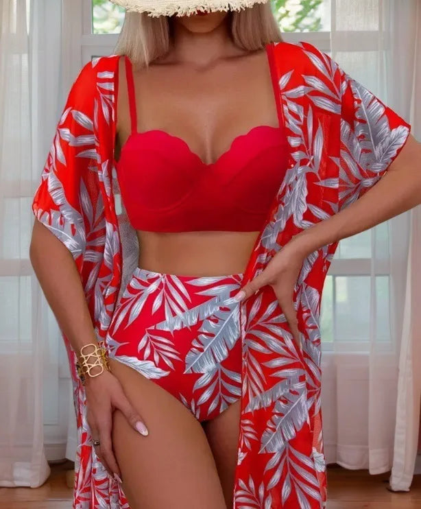 2025 Women’s Three-Piece Floral Bikini Set – Long Sleeve Swimwear with Cover-Up, Stylish Summer Bathing Suit