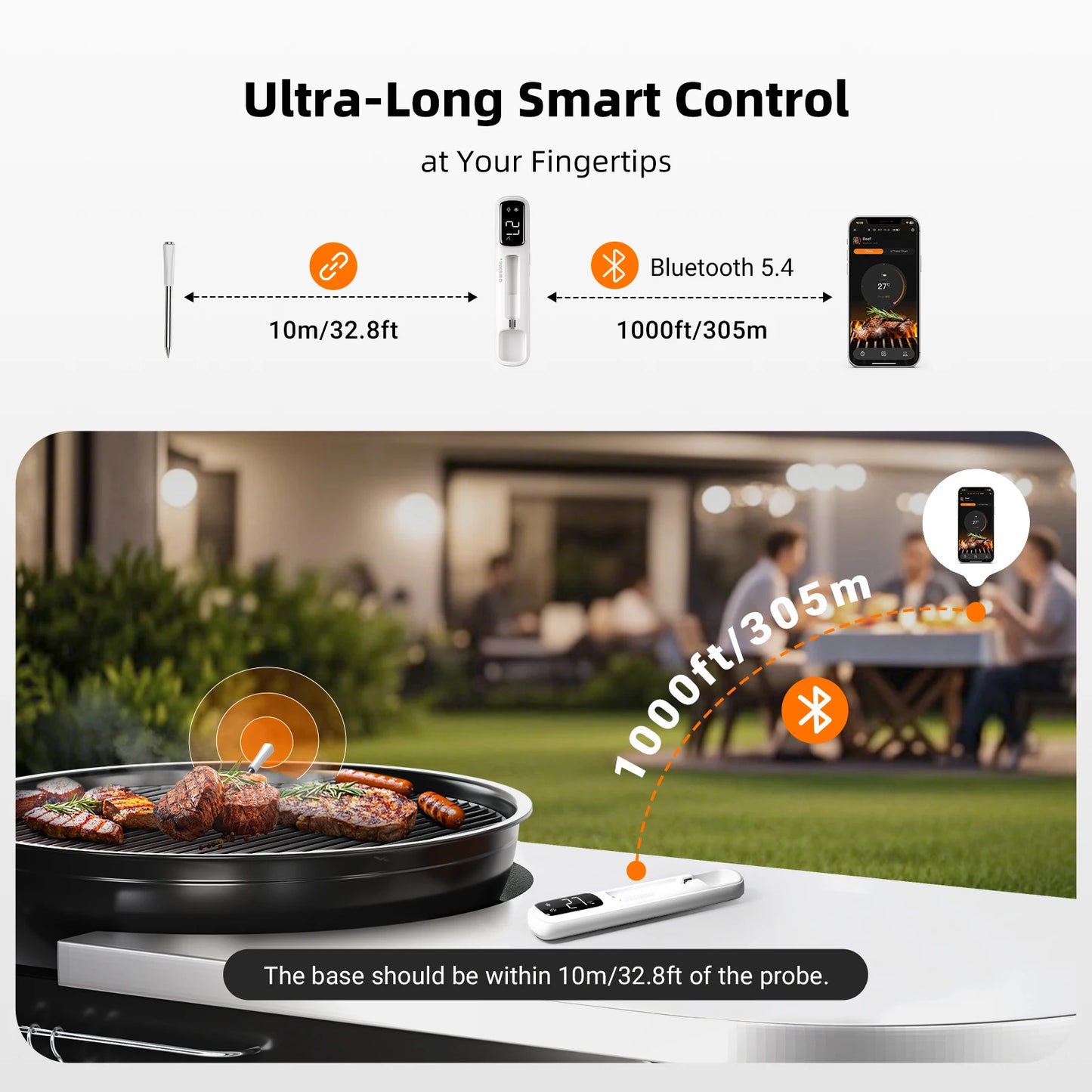 INKBIRD INT-11I-B Mini Wireless Meat Thermometer — Bluetooth 5.4, 1000ft Range, 1s Response, IP67, 26 Presets with LED Display for BBQ & Grill