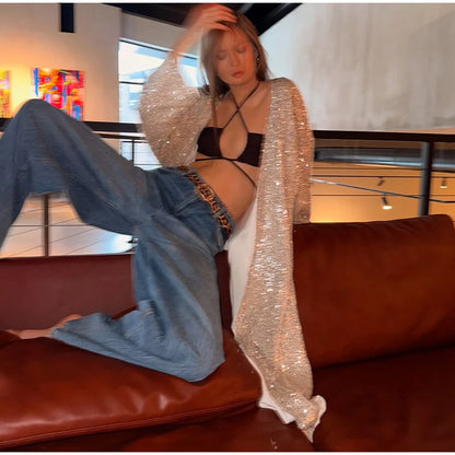 Women’s Sparkly Sequin Maxi Coat – Luxury Open Front Long Sleeve Outerwear