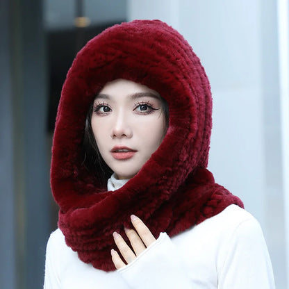 2025 Women’s Knitted Rex Rabbit Fur Hat – Hooded Scarf with Neck Collar, Long Winter Warm Fur Hat & Scarf Set