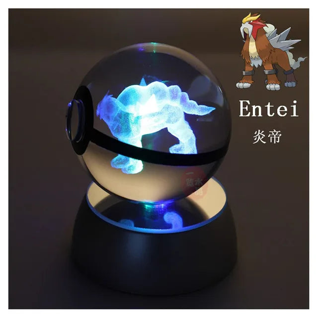 Anime Pokemon 3D Crystal Ball – Snorlax & Charizard Engraved Pokeball Figure with LED Light Base, Kids Gift
