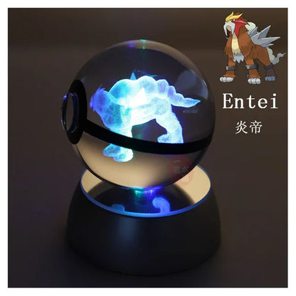 Anime Pokemon 3D Crystal Ball – Snorlax & Charizard Engraved Pokeball Figure with LED Light Base, Kids Gift