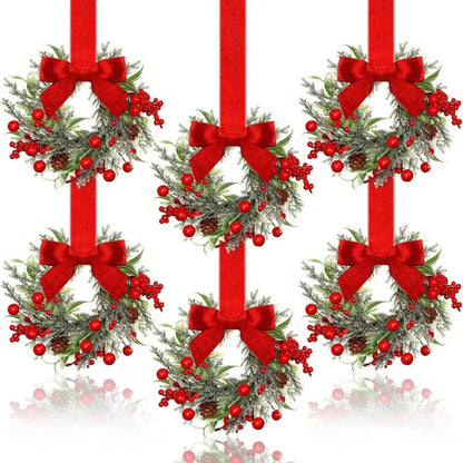 Set of 6 Mini Christmas Cabinet Wreaths with Ribbon Bows – Artificial Farmhouse Holiday Party Decorations