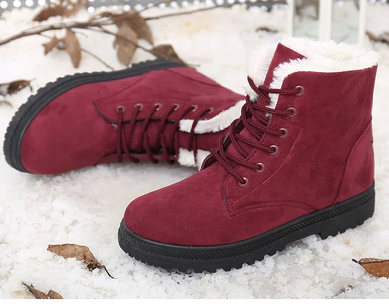 Women's Winter Fur Boots 2025 – Warm Ankle Snow Boots with Low Heels, Black Footwear for Women