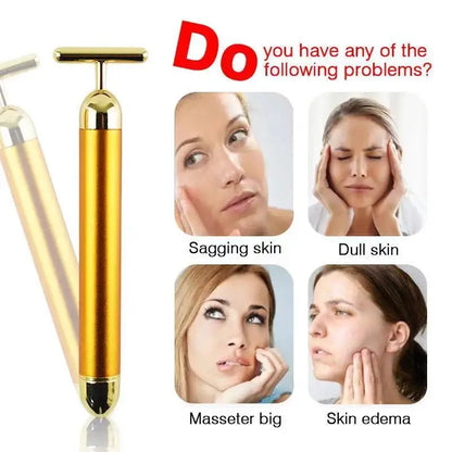 24K Gold Facial Slimming Beauty Bar – Pulse Vibrating Roller for Skin Lifting, Firming & Wrinkle Tightening