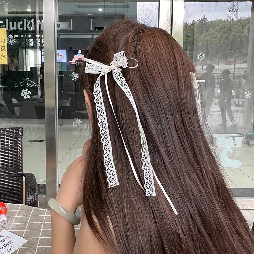 Korean Lace Cream White Bow Ribbon Hair Clip – Bullet Style Side Shredded Hairpin, Headpiece for Women, New Headwear