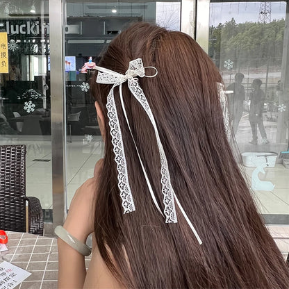 Korean Lace Cream White Bow Ribbon Hair Clip – Bullet Style Side Shredded Hairpin, Headpiece for Women, New Headwear