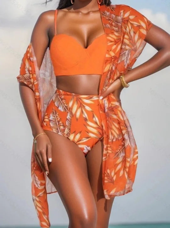 2025 Women’s Three-Piece Floral Bikini Set – Long Sleeve Swimwear with Cover-Up, Stylish Summer Bathing Suit