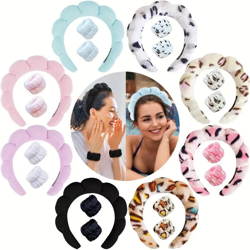 Sponge Spa Headband with Wristbands – Wide Padded Face Washing, Skin Care, Makeup Removal & Shower Headband for Women & Girls