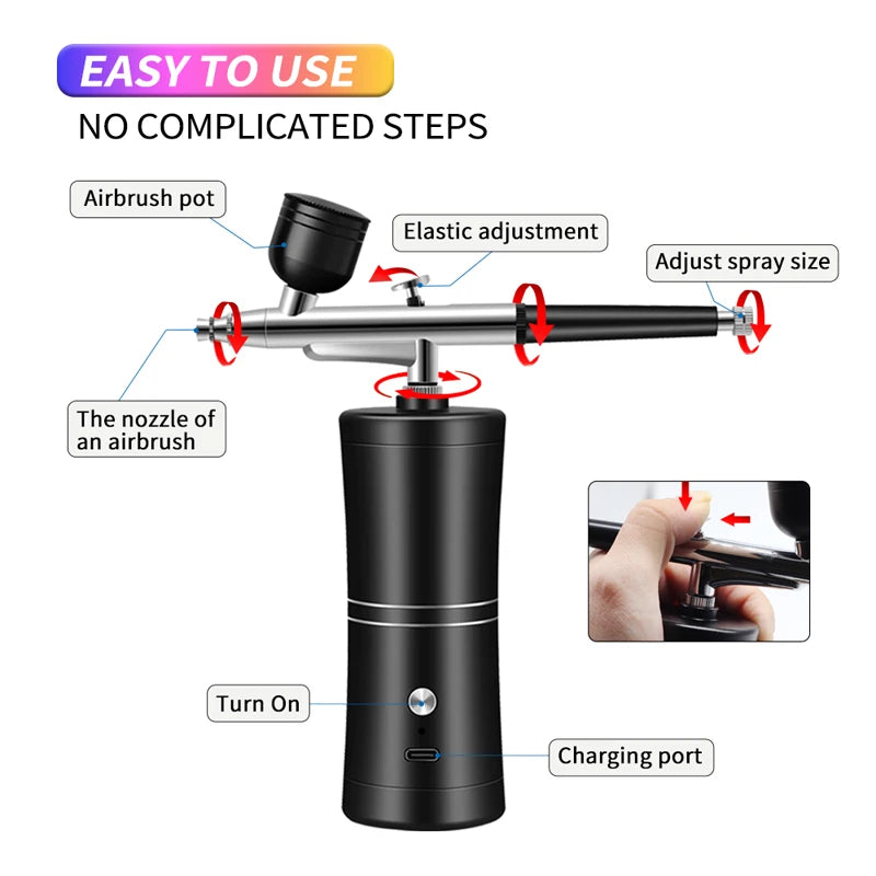 Portable Rechargeable Wireless Airbrush with Compressor – Single Action Spray Gun for Face, Beauty, Nail Art, Tattoo & Cake Painting