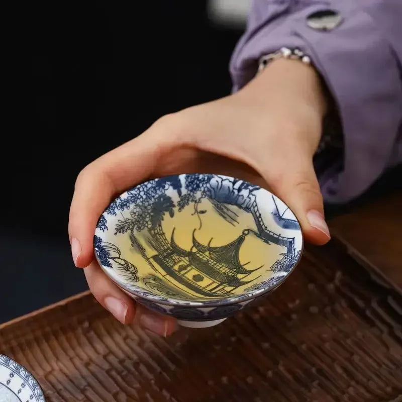70ML Handmade Blue & White Porcelain Tea Cup – Dragon, Phoenix & Fish Pavilion Design for Chinese Kungfu Tea Ceremony