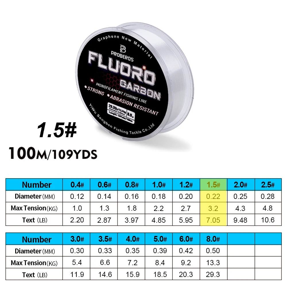 PROBEROS 100M Fluorocarbon Fishing Line - Carbon Fiber Monofilament Leader Line for Carp & Sinking Fishing Tackle