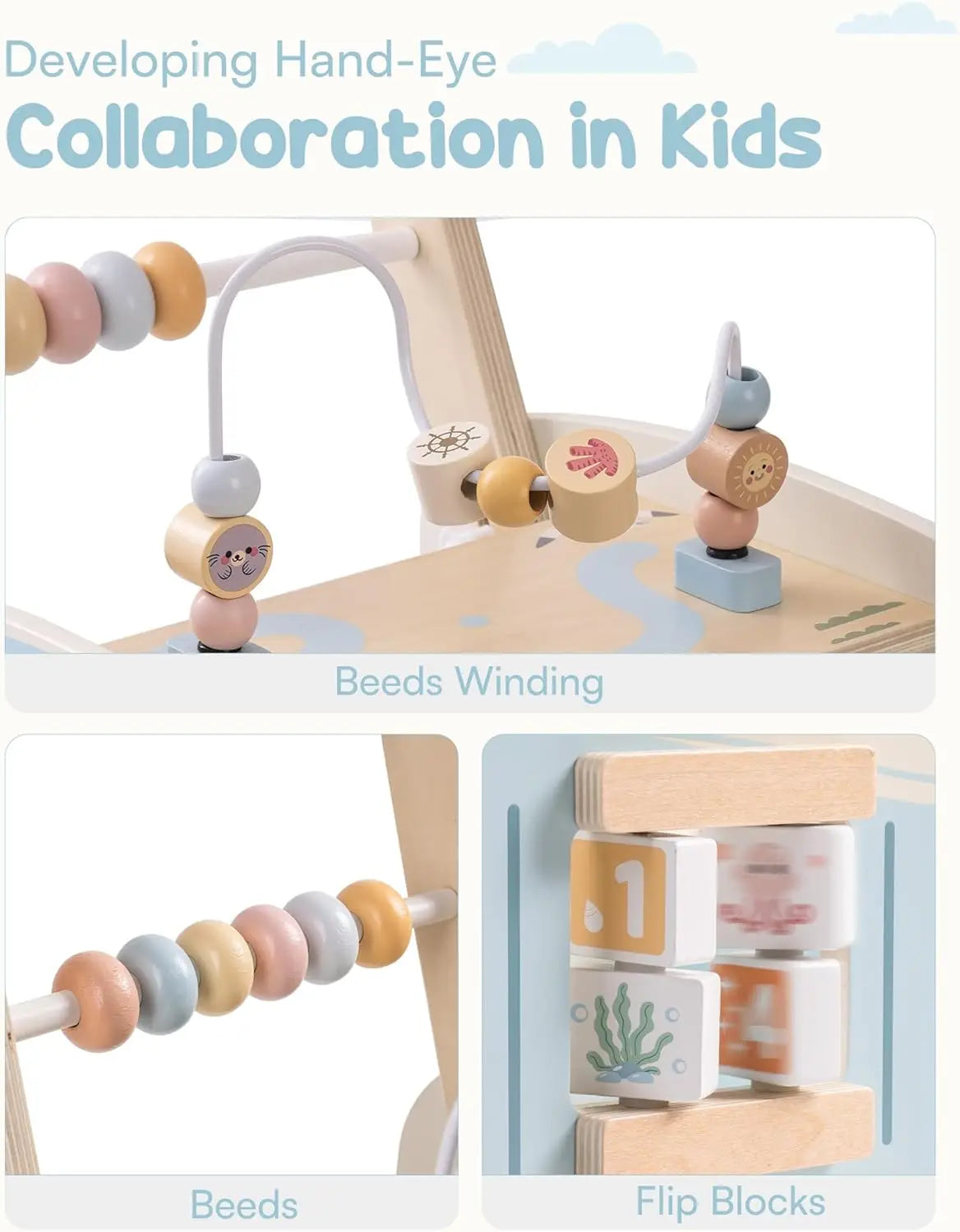 Robotime Robud Wooden Baby Walker – Push-Along Activity Walker with Wheels, Multifunctional Toddler Toy Gift for Boys & Girls