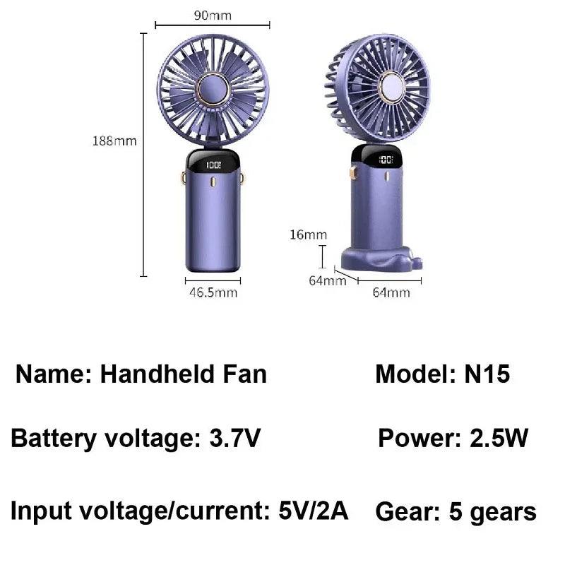 Handheld Mini Fan – 3000mAh Foldable Portable Desk & Neck Hanging Fan with 5 Speeds, USB Rechargeable & Phone Stand Display