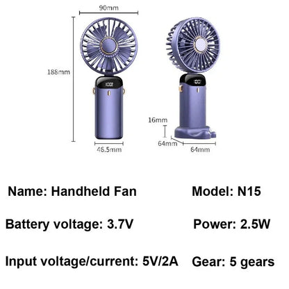 Handheld Mini Fan – 3000mAh Foldable Portable Desk & Neck Hanging Fan with 5 Speeds, USB Rechargeable & Phone Stand Display