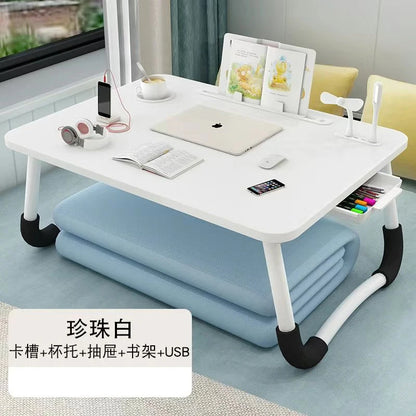 Foldable Laptop Desk for Bed & Sofa – Portable Lap Table with Cup, Book Holder, Drawer, and USB Slot