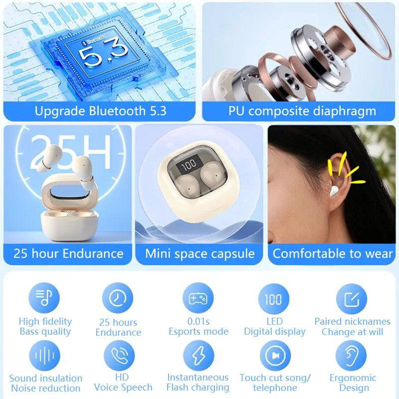 SK Wireless Bluetooth Earbuds - Invisible Small-Head Design, Comfortable Fit, Deep Bass & Sport-Friendly Headphones for All Phones