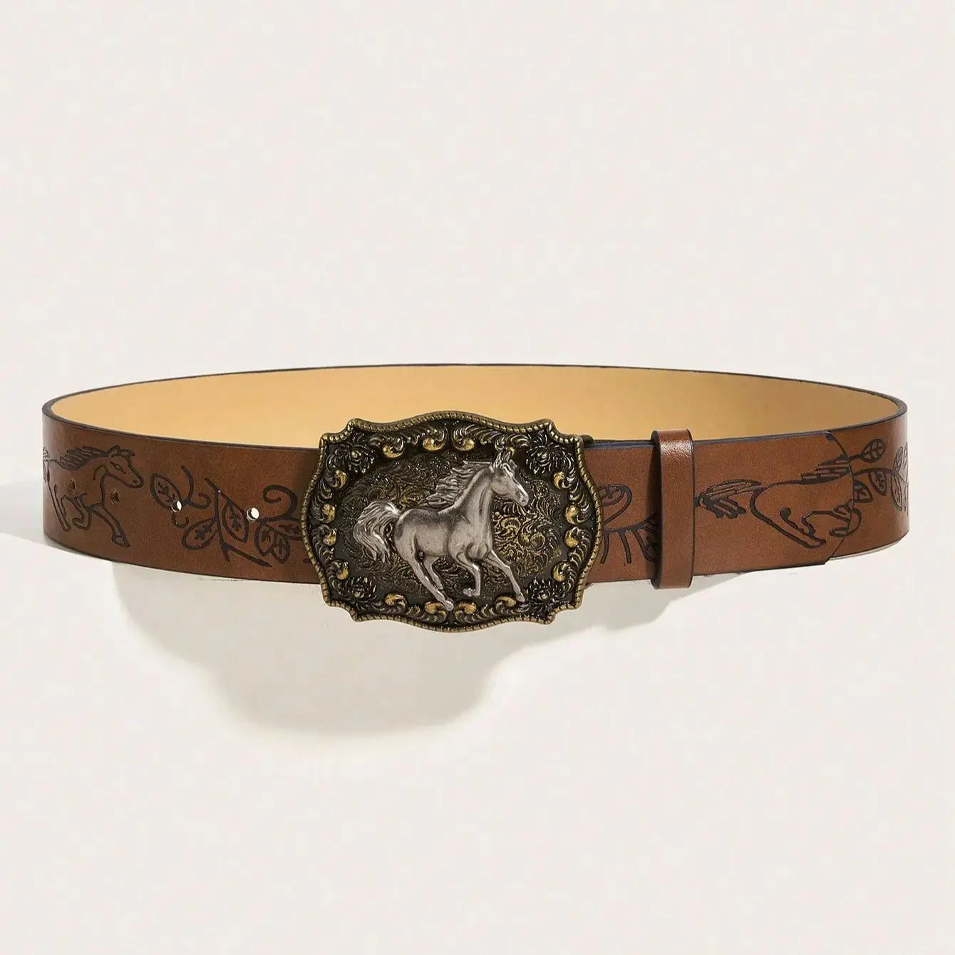 Neutral Horse Head Buckle PU Belt – Fashionable Peony Pattern Design