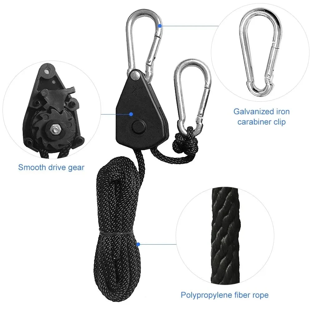4pcs Adjustable 8-inch Reinforced Rope Ratchet Hangers - Hanging Pulley Hooks for Grow Tents & Plant Lamps