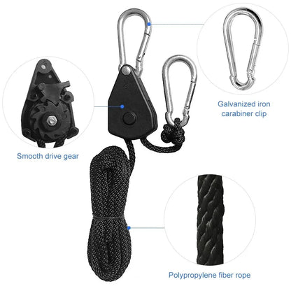 4pcs Adjustable 8-inch Reinforced Rope Ratchet Hangers - Hanging Pulley Hooks for Grow Tents & Plant Lamps